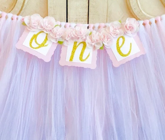 Light Pink Gold 1st Birthday High Chair Tulle Tutu, Princess Party, Banner, Cake Smash, One Banner
