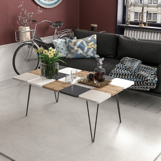 Leaf Modern Coffee Table, Retro Dine Table, Hairpin Legs, Scandinavian Style, Three Color Patchwork Middle Sofa Table