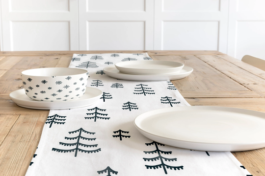 Table Runner, Christmas Tableware, Holiday's Cotton Twill 2 Sizes, Black & White Trees