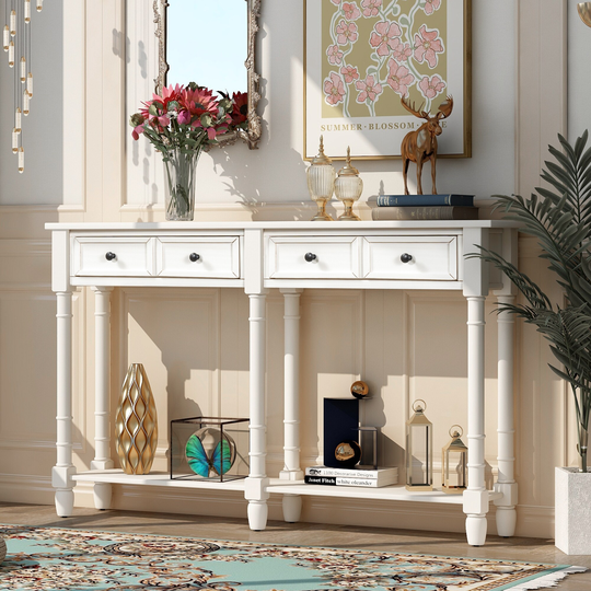Sofa Console Table with 2 Storage Drawers & Bottom Shelf, Ivory White