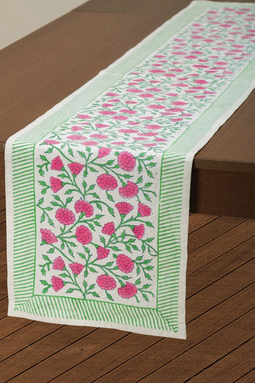Pink & Green Floral Block Print Table Runner