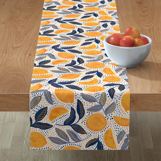 Lemon Botanical Table Runner - Give Me Those Lemons By De Koro Folk Art Style Vintage Look Cotton Sateen Spoonflower