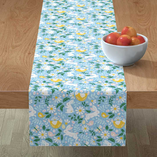 Spring Rabbits Table Runner - Cute Easter By Innamoreva Bird Blue Flowers Children Rabbit Cotton Sateen Spoonflower