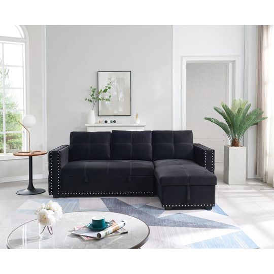 Sectional Sofa with Pulled Out Bed, 2 Seats Sofa and Reversible Chaise with Storage