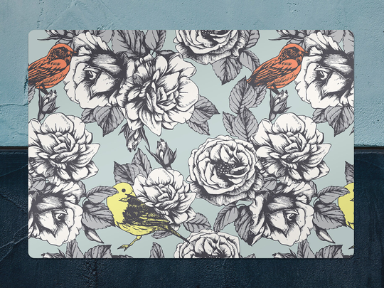 Drawn Roses & Birds Chair Mat, Blue Vinyl Floor White Protective Floral Splat Flooring, Comfort Mat