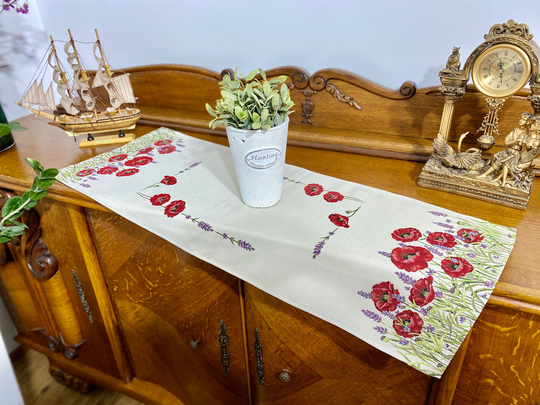 Floral Table Runner With Red Poppies. Decor. Table Linens. Tapestry Floral Runner. Birthday Festive Gift Box