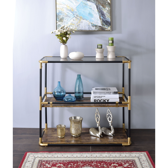 34" Heleris Sideboard Cabinet Side End Table Sofa Table Console Table with 2 Wooden Shelf & Smoky Glass Top - Gold