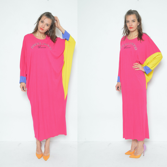 Color Block Tunic Dress/Vintage 80S Long Sleeve Colorful Maxi Kaftan - Size Medium