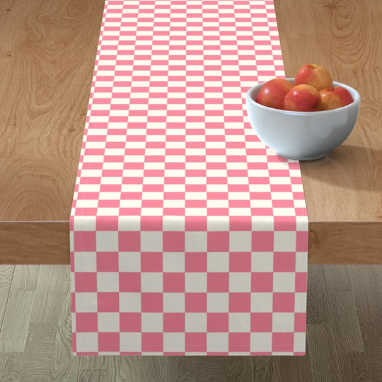 Y2K Retro Table Runner - Pink Checkerboard By Latheandquill Beige Bubblegum Squares Cotton Sateen Spoonflower