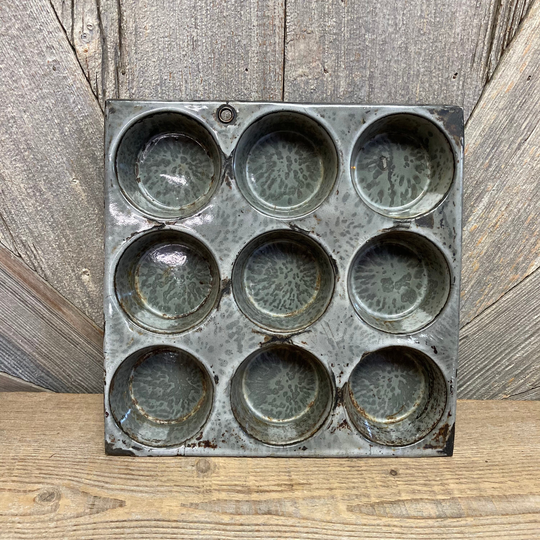 Vintage Muffin Tin Enamel Graniteware Extra Agate Antique Pan Cupcake Tin Decorative Office Supply Storage Farmhouse Kitchen Decor