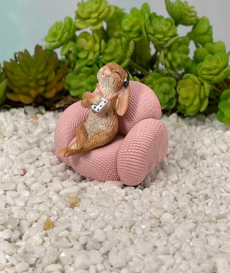 Miniature Bunny On Chair Rocking Out, Fairy Garden Accessories, Furniture, Cake Topper, Easter Minis, Miniature Sofa