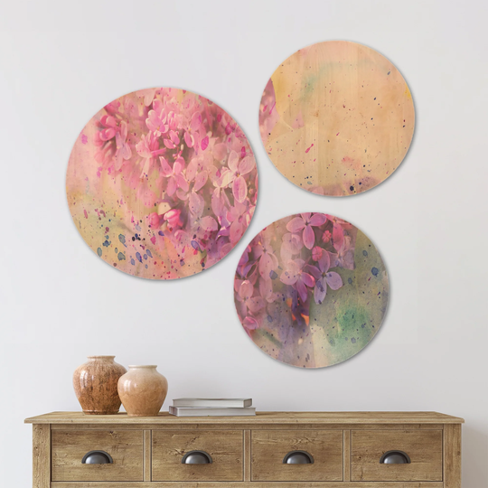 Designart 'Twig of Lilac Flowers' Floral Wood Wall Art Set of 3 Circles - Multi-Color