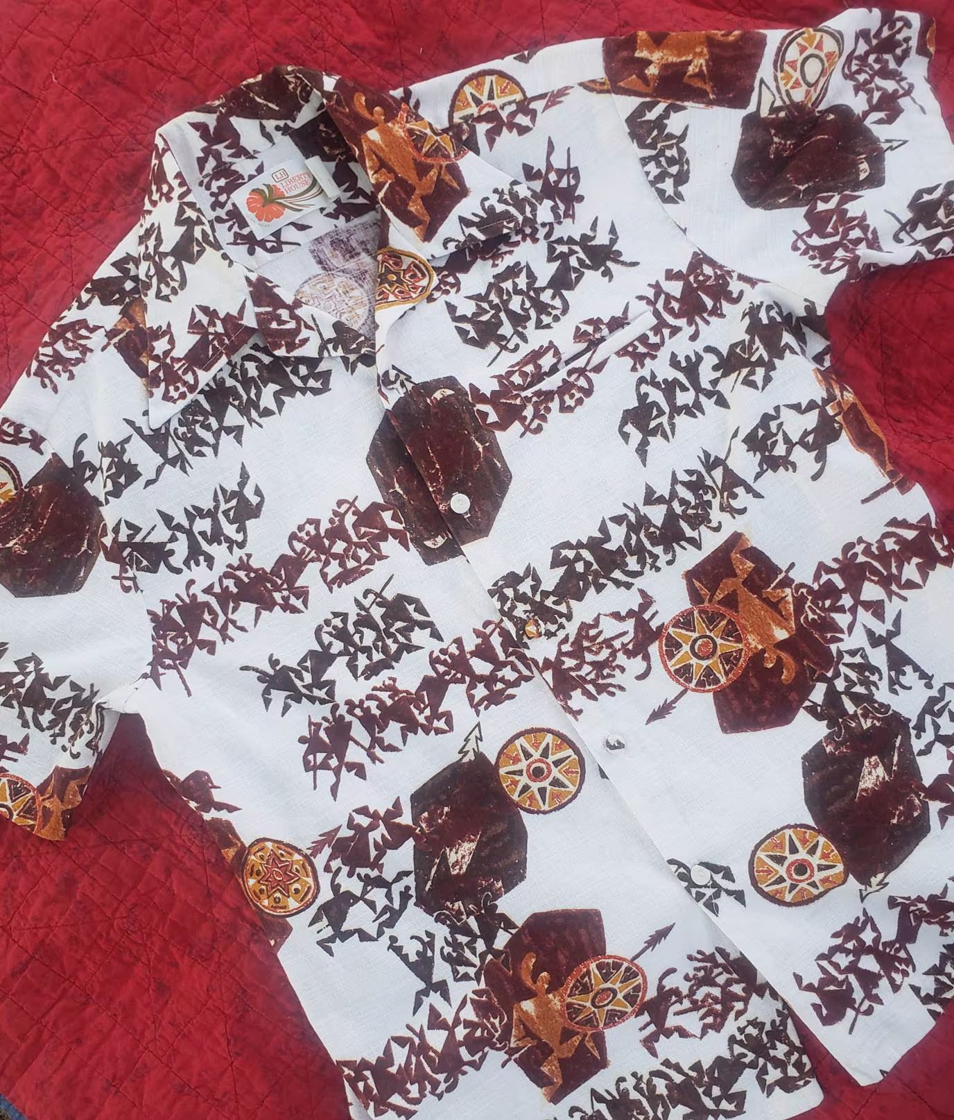 Vintage Mens Shirt, 1970S Men's Button Down, 70S Hawaiian Liberty House Shirt, Perhistoric Man Theme, Native Art, Size L