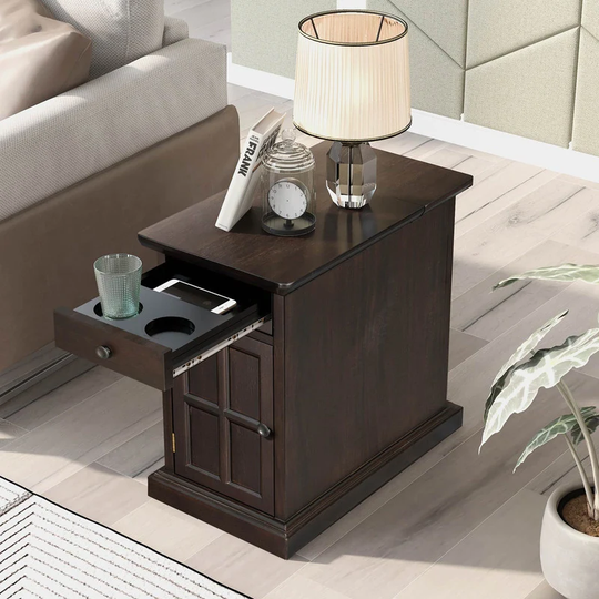 Classic Vintage Livingroom End Table Side Table with USB Ports and One Multifunctional Drawer with Cup Holders
