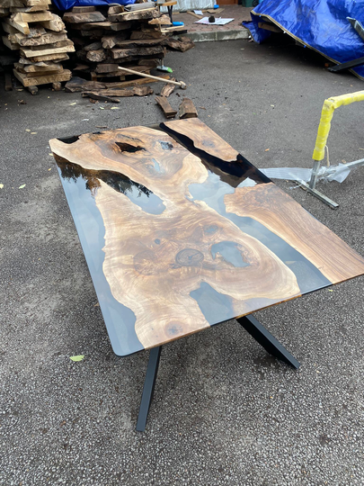Walnut Dining Table, Epoxy River Custom 60" X 36" Smoke Order For Yvonne
