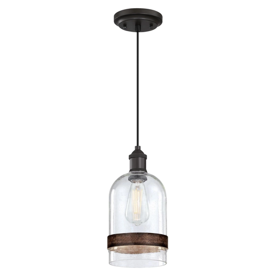 Westinghouse Lighting Tarrant One Light Indoor Mini Pendant, Black-Bronze Finish, Clear Seeded Glass with Barnwood Band