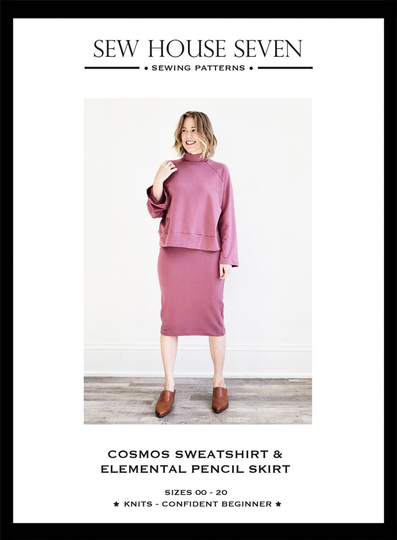 Cosmos Sweatshirt & Elemental Pencil Skirt Pattern, Sew House Seven, #150, Oversized Raglan Knit Top, Slim-Fitting Skirt, Sizes 00-20