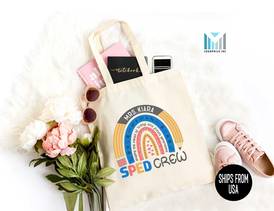 Personalized Pencil Rainbow Tote Bag, Sped Teacher Thank You Gift, Special Education Team, Matching Group Totes, Custom Canvas Shopper Bag