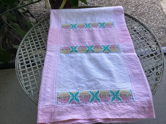 Vintage Pink & Aqua Table Cloth Woven Floral Rectangular Tablecloth Linens