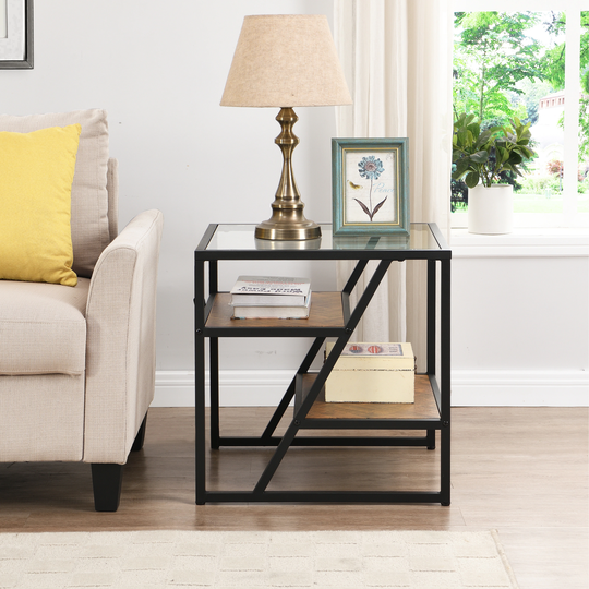 End Table with Storage Shelf, Tempered Glass Coffee Table with Metal Frame