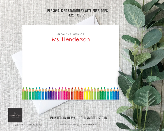 Personalized Color Pencils Teacher Note Cards & Envelopes Set, Stationery Cards, Script, Personal Notecards, Includes Backer