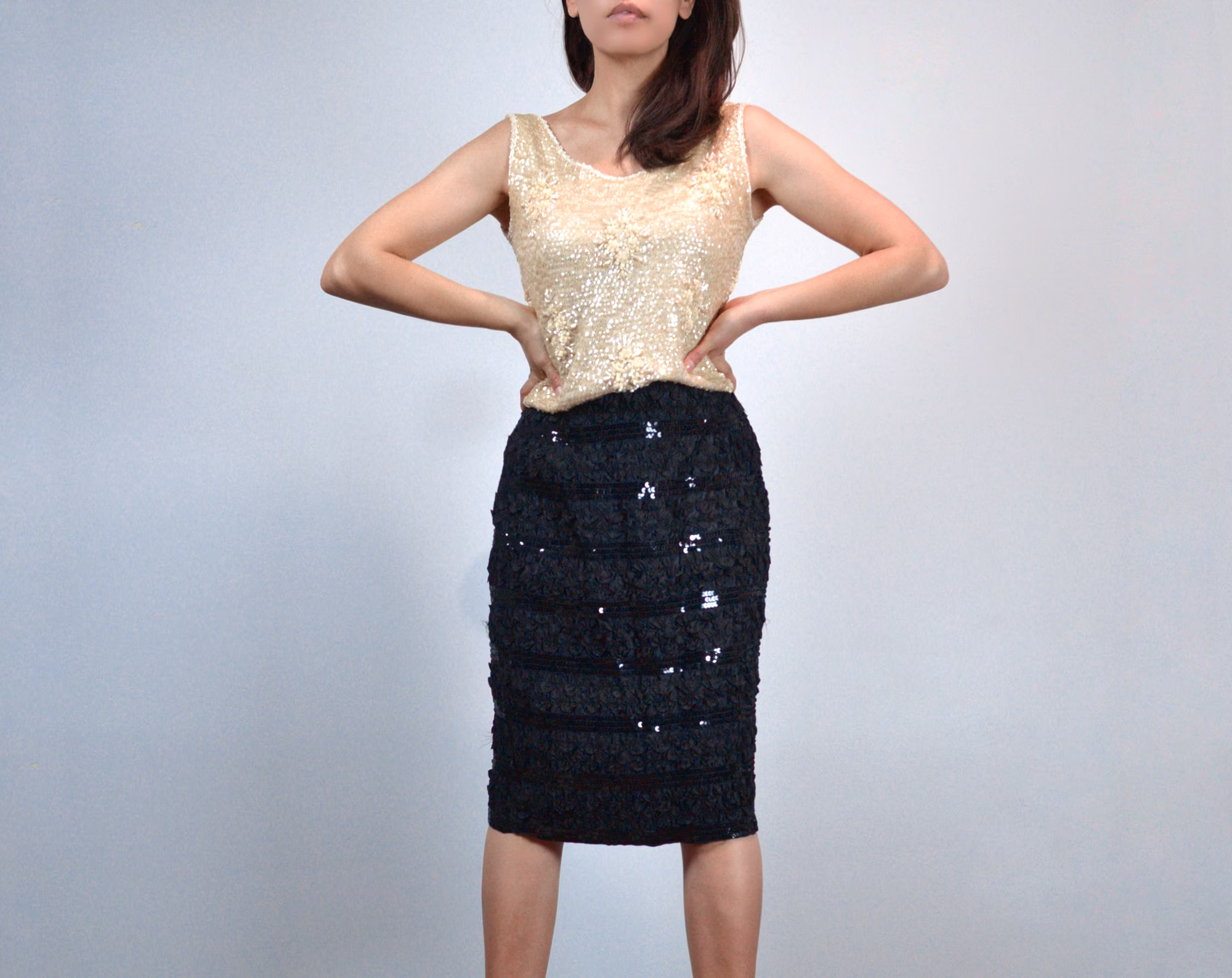 Black Sequin Pencil Skirt - Extra Small | Vintage 80S Sequins & Ruffles Xs