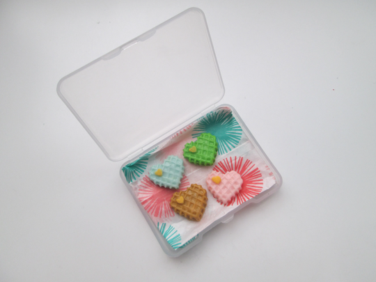 Set Of 4 Heart Waffle Fake Food Novelty Pencil Erasers in Plastic Eraser Case