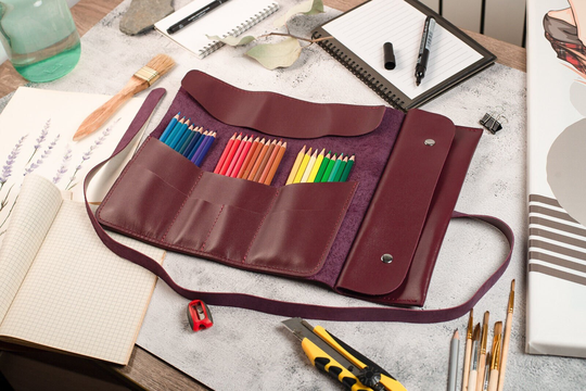 Artist Leather Roll, Burgundy Pencil & Brush Pouch, Custom Craft Tool Case, Personalized Pen Wrap With Pocket, Make Up Toiletry Bag