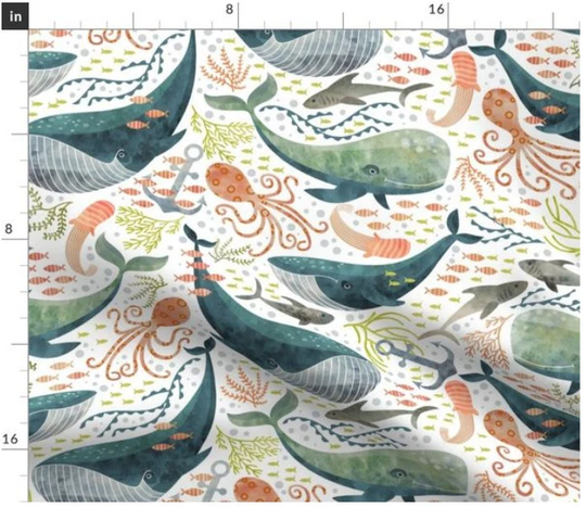 Nautical Sea Fabric By The Yard | Whale Ocean Octopus Watercolor Whales Made To Order