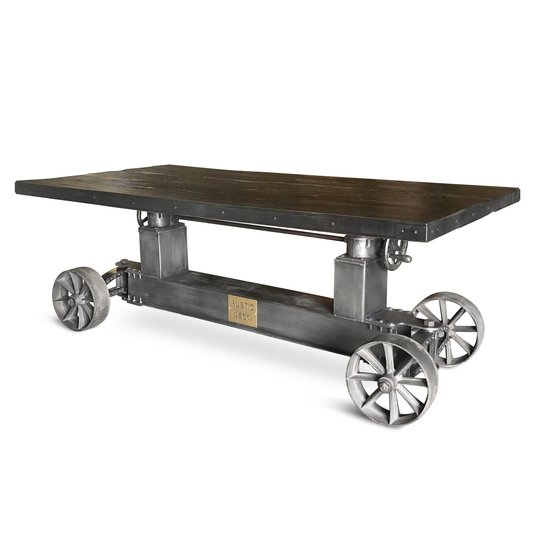 Industrial Trolley Dining Table - Iron Wheels Adjustable Crank Ebony Rustic