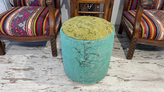 Gray Green Yellow Round Floor Pouf Chair Ottoman Handmade Foot Stool Pouffe Decorative For Kids Adult Useful Material Is Vintage Rug