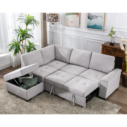 Lienne L Shaped Linen Sleeper Sectional Sofa with Storage -