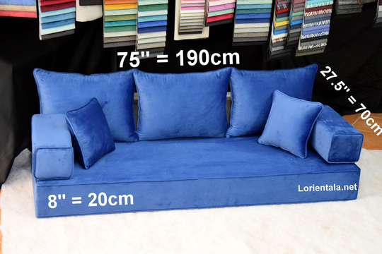 Velvet 8'' Thick Blue Floor Seating Sofa Turkish Arabic Living Room Oriental Moroccan Home Decor Couch, Cushion Pillow Yoga Meditation Seat