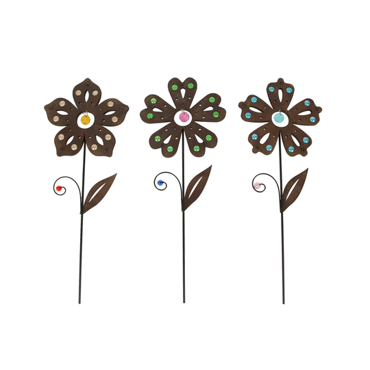 Set Of 3 Rustic Brown Metal Flower Garden Stakes With Colorful Jewel - Multi-Color - 18 X 6.75 X 0.5 inches