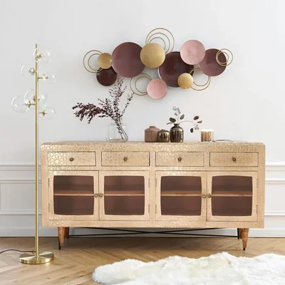 80" Art Deco Gold Buffet Sideboard Glass Doors Cabinet With Drawers