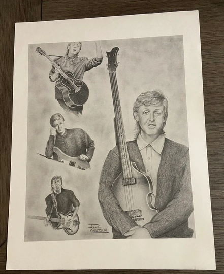Paul Mccartney Pencil Sketch - Excellent Condition 15" By 11.5" Signed Artist Julie Knutson