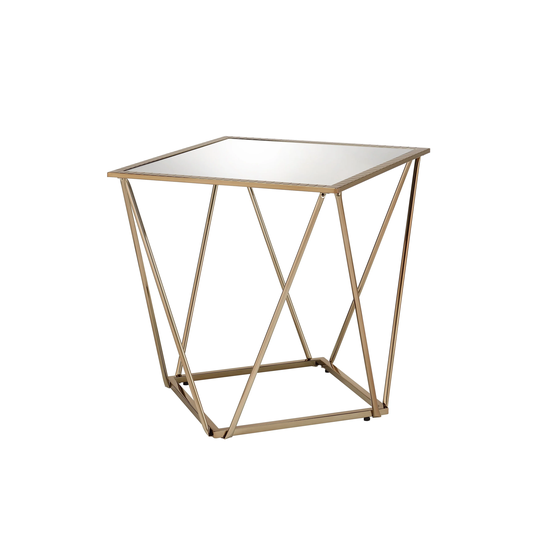 End Table, Mirrored & Champagne Gold Finish Square Table Top Is Paired With Irregular Metal Base