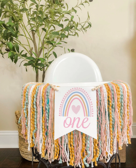 Boho Rainbow Birthday High Chair Yarn Tassel Banner, Cake Smash Backdrop First