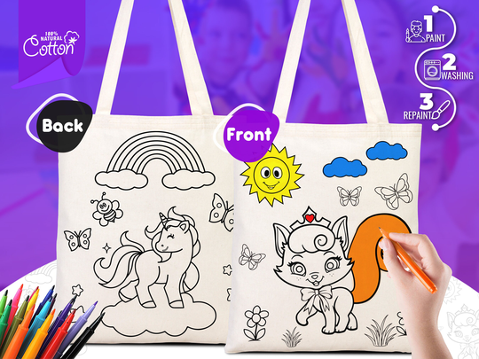 Coloring Tote Bag, 14x16", Washable Unicorn, Cat For Kids, Gift Parent, Activities Eco-Friendy