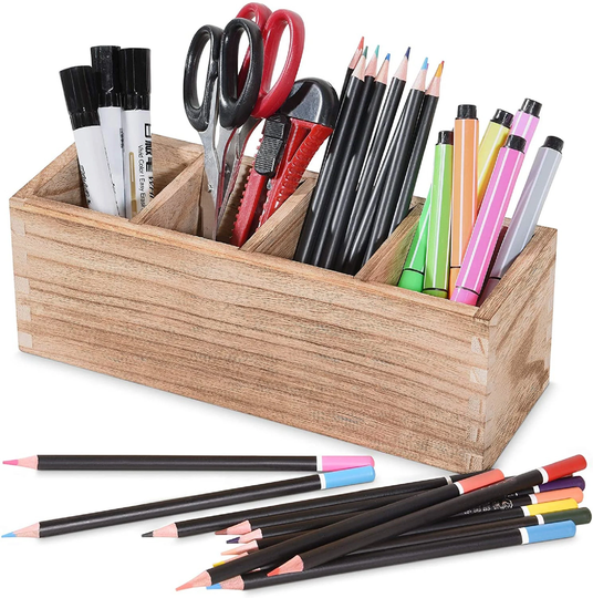 Wood Pen Pencil Holder For Desk 4 Compartment Multi-Use Desktop Stationery Supplies Organizer