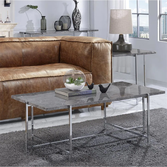 Faux Marble Rectangular Coffee Table, Sofa Table With Metal Frame Leg