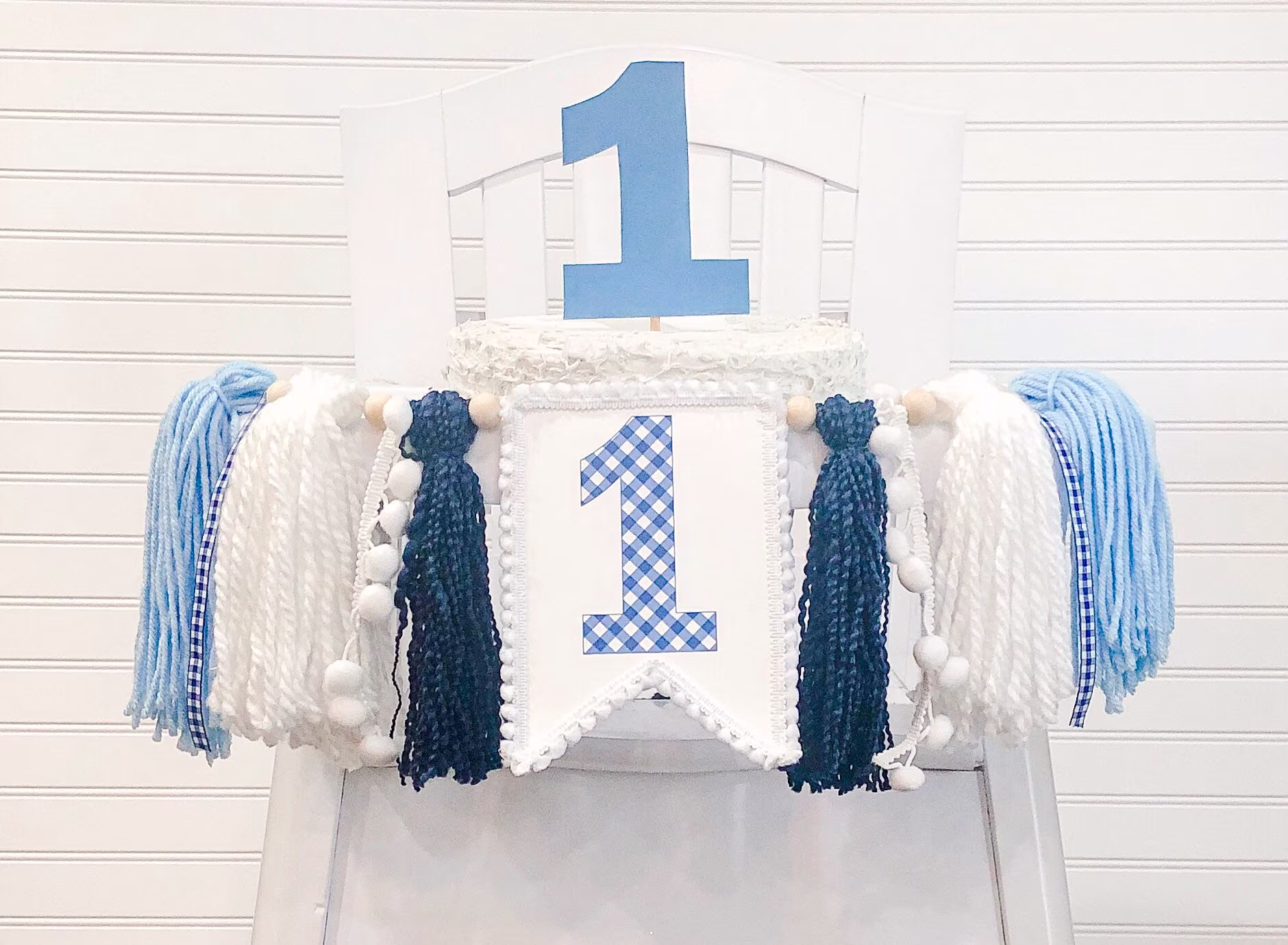 Blue Navy Birthday High Chair Yarn Tassel Banner, Cake Smash Backdrop First Birthday, Topper