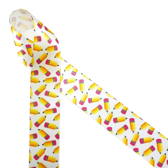 Pencil Ribbon Tossed Pencils Fun For School Theme Party, Teachers, Head Bands, Gift Wrap, Party Decor, Quilting, Printed On 1.5" White Satin