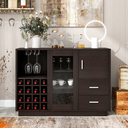 Kitchen Functional Sideboard with Glass Sliding Door and Integrated 16 Bar Wine Compartment, Wineglass Holders (Espresso)