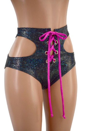 Hipnotic Shorts With Front Lace Up Created in Black On Shattered Glass Neon Pink Tie 157698
