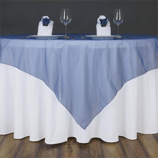 60'' | Navy Blue Square Sheer Organza Table Overlays, Wedding Party Decoration