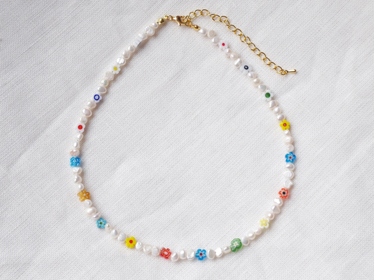Pearl Flower Necklace | Colorful Pearl Beaded White & Colorful Flowers With Floral Glass Beads Genuine Pearls
