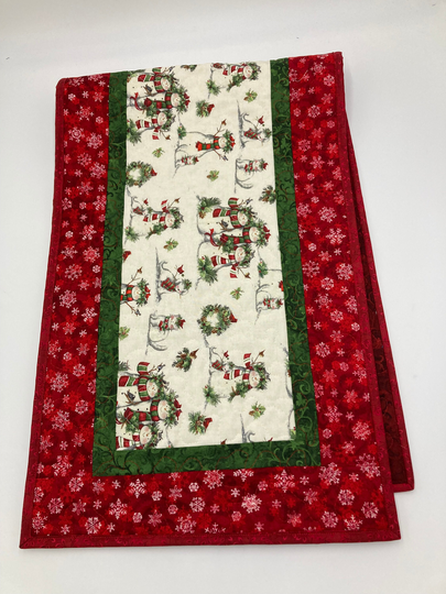 Snowman Christmas Winter Table Runner, 14x48" Quilted, Reversible, Snowflakes Birds Cats Scarves Children Whimsical, Dining Coffee