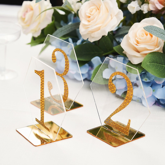 5" Clear/Gold Wedding Table Sign Holders, Hexagon Acrylic Number Stands, Geometric Decor, Modern - 5 Pack