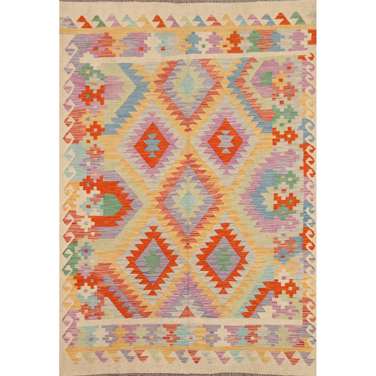 Geometric Multi-Color Kilim Reversible Rug Flat-weave Wool Carpet - 4'11"x 6'8"